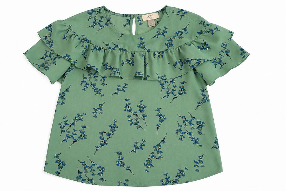 LOFT Outlet Petite Women’s SP Green Blue Floral Ruffle Flutter Sleeve Blouse